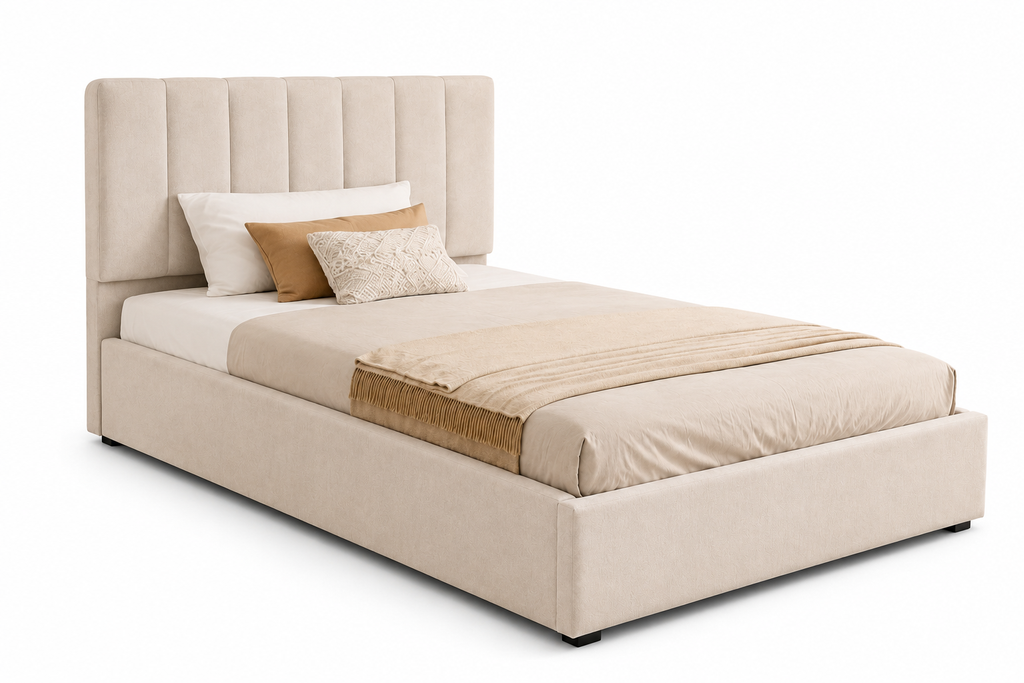 Lit 90x200 cm avec coffre de rangement – Lit simple rembourré en velours beige, sommier à lattes inclus, cadre de lit moderne pour chambre