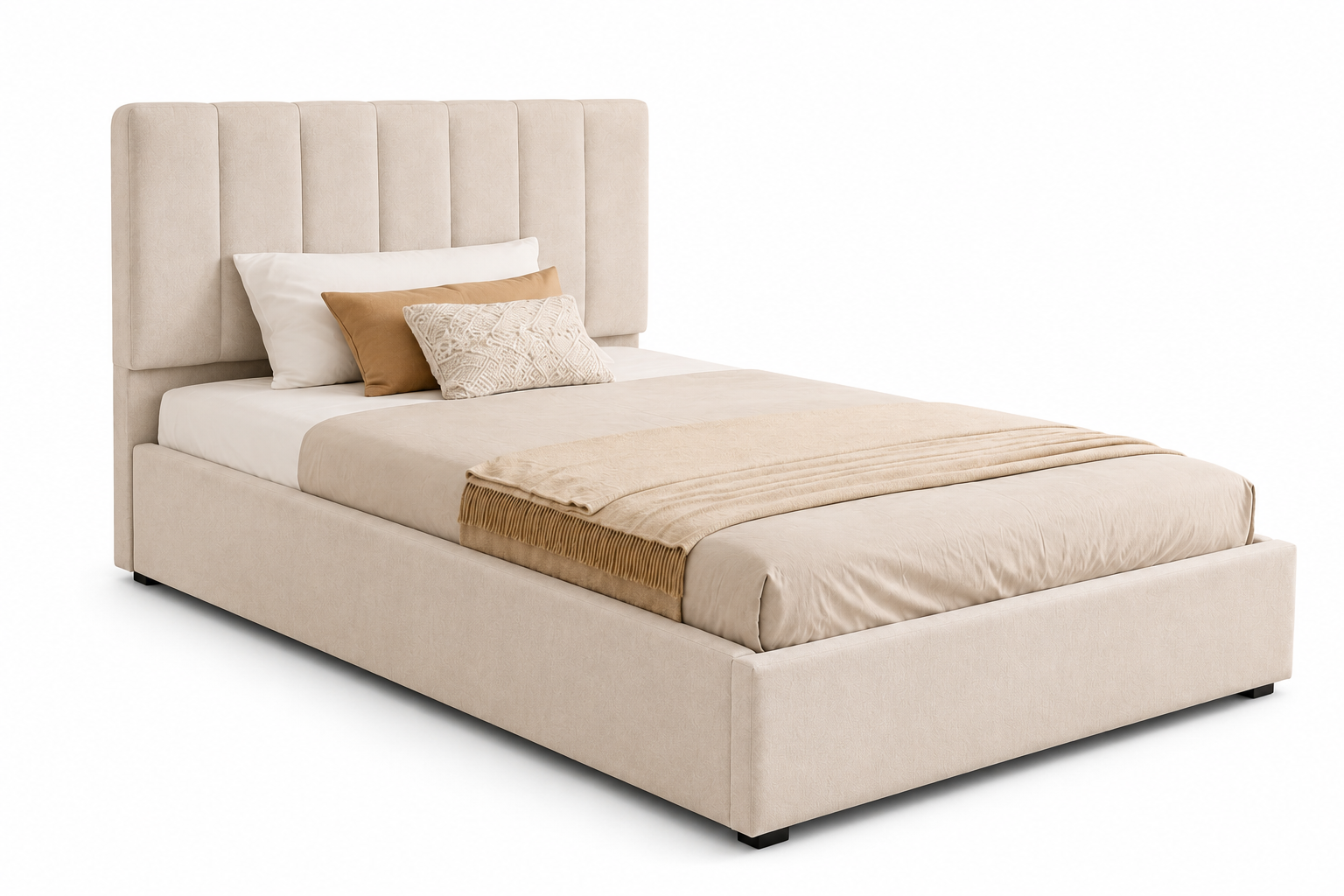 Lit 90x200 cm avec coffre de rangement – Lit simple rembourré en velours beige, sommier à lattes inclus, cadre de lit moderne pour chambre