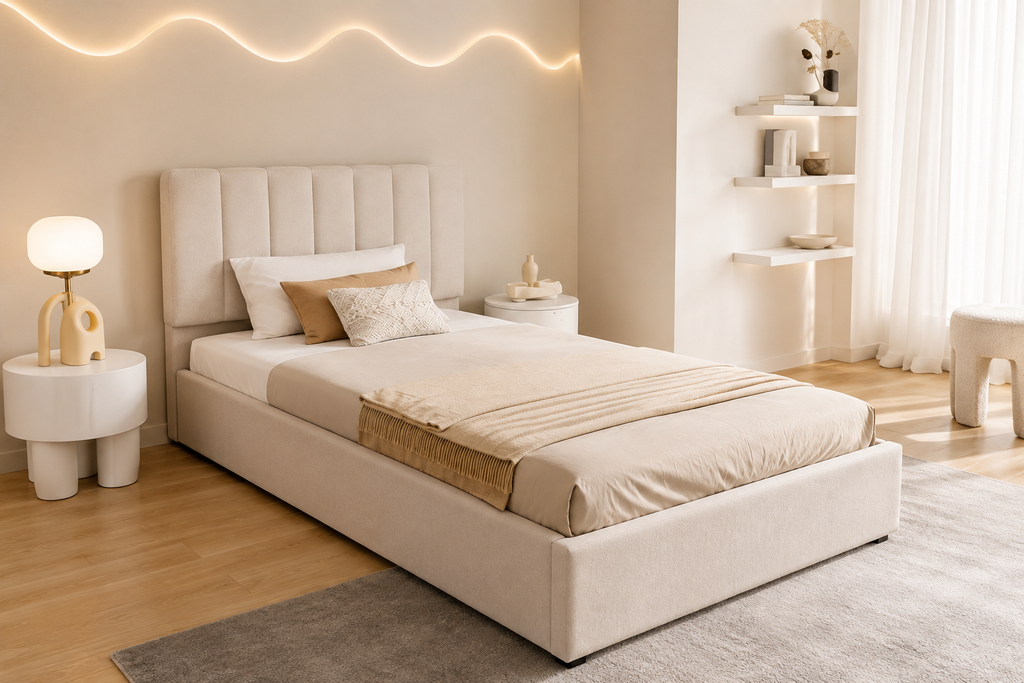 Lit 90x200 cm avec coffre de rangement – Lit simple rembourré en velours beige, sommier à lattes inclus, cadre de lit moderne pour chambre