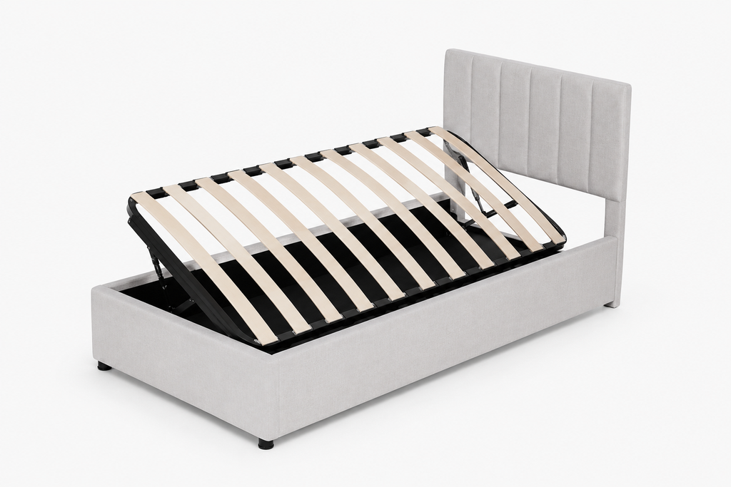 Lit 90x200 cm avec coffre de rangement – Lit simple rembourré en velours beige, sommier à lattes inclus, cadre de lit moderne pour chambre