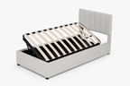 Lit 90x200 cm avec coffre de rangement – Lit simple rembourré en velours beige, sommier à lattes inclus, cadre de lit moderne pour chambre