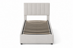 Lit 90x200 cm avec coffre de rangement – Lit simple rembourré en velours beige, sommier à lattes inclus, cadre de lit moderne pour chambre
