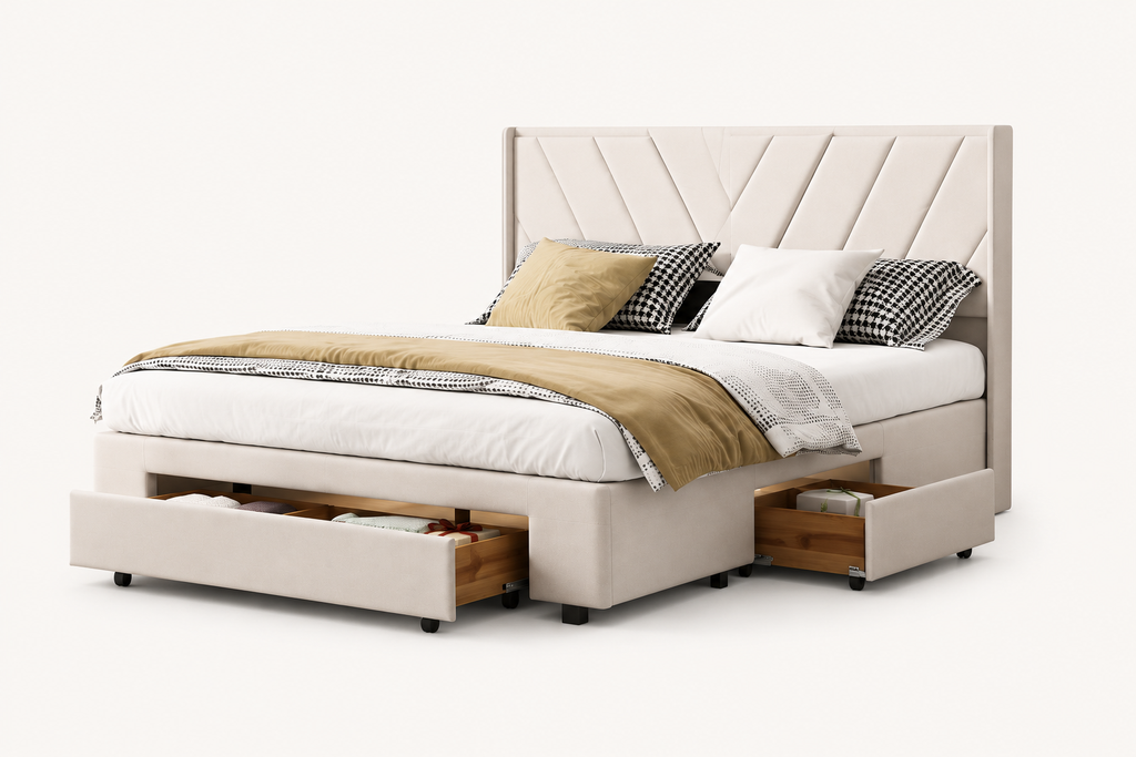 Lit coffre 140x200 cm capitonné en lin beige avec 3 tiroirs de rangement et sommier à lattes – Lit double sans matelas