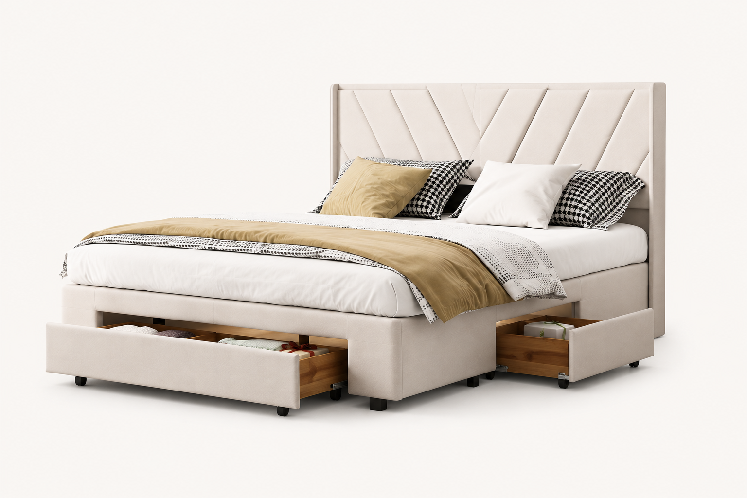Lit coffre 140x200 cm capitonné en lin beige avec 3 tiroirs de rangement et sommier à lattes – Lit double sans matelas