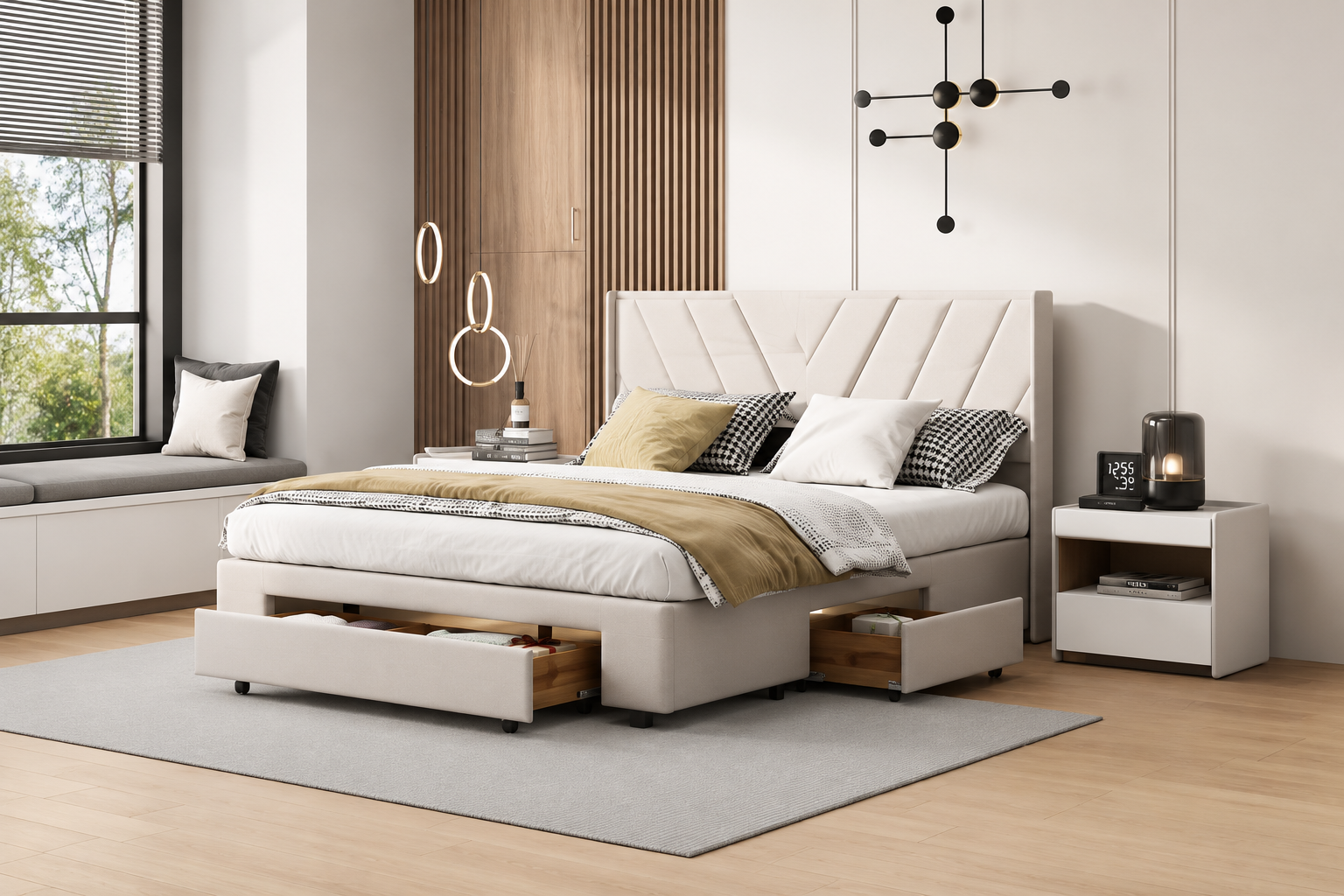 Lit coffre 140x200 cm capitonné en lin beige avec 3 tiroirs de rangement et sommier à lattes – Lit double sans matelas