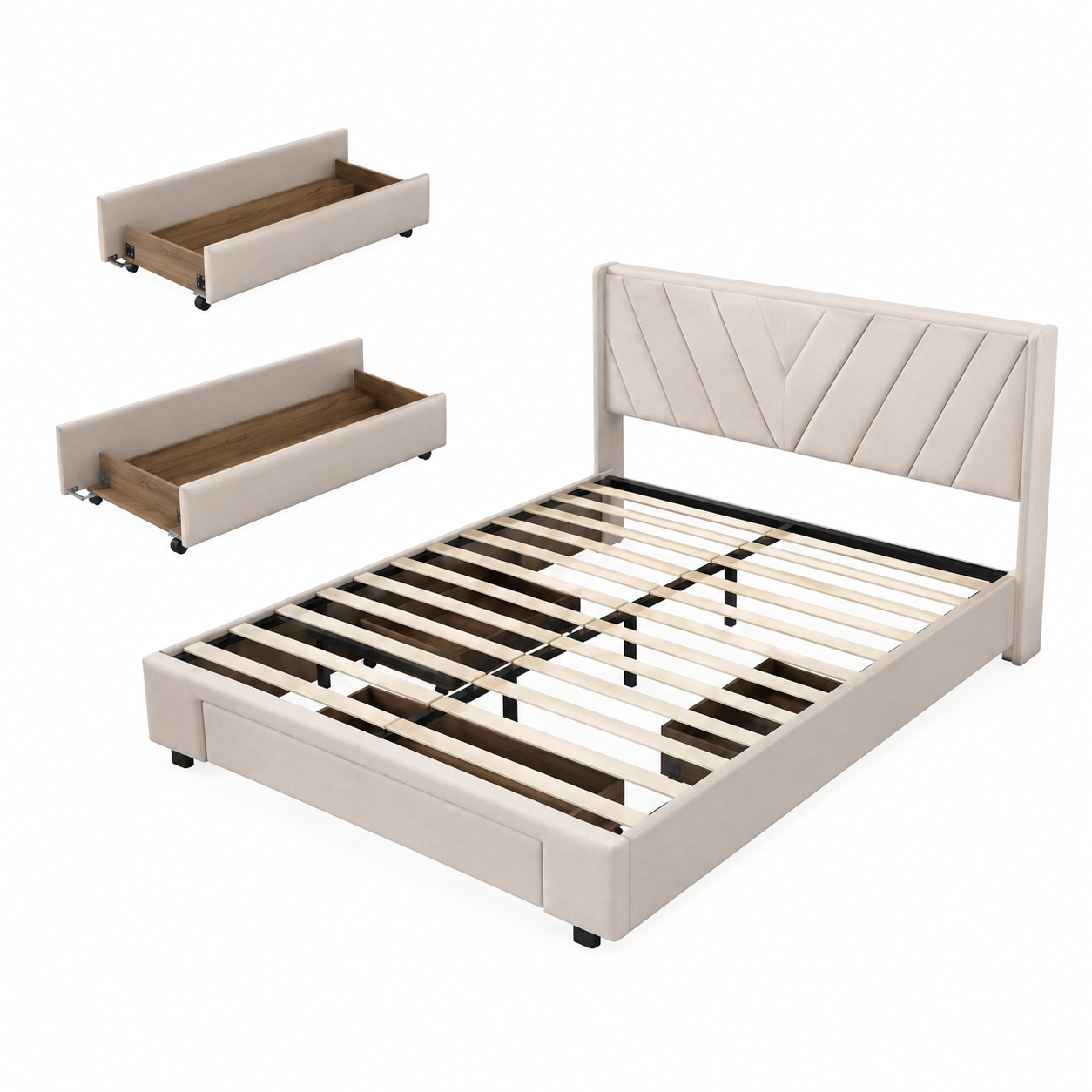 Lit coffre 140x200 cm capitonné en lin beige avec 3 tiroirs de rangement et sommier à lattes – Lit double sans matelas