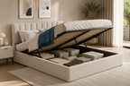 Lit double 160 × 200 cm avec rangement sous le lit – Cadre de lit relevable hydraulique en lin beige, sommier à lattes inclus
