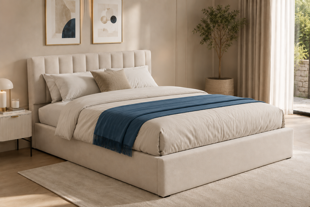 Lit double 160 × 200 cm avec rangement sous le lit – Cadre de lit relevable hydraulique en lin beige, sommier à lattes inclus