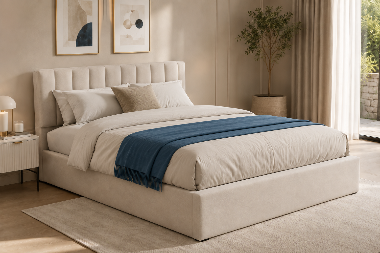 Lit double 160 × 200 cm avec rangement sous le lit – Cadre de lit relevable hydraulique en lin beige, sommier à lattes inclus