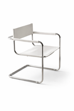Chaise avec accoudoirs en acier inoxydable et cuir — style minimaliste, salle à manger et bureau