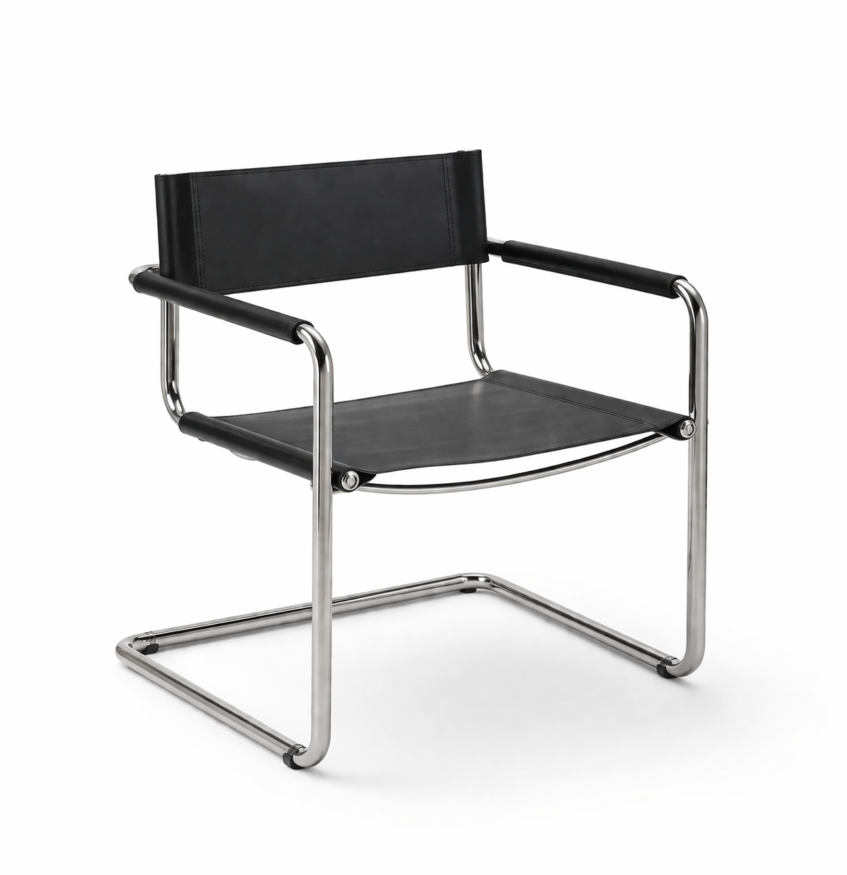 Chaise avec accoudoirs en acier inoxydable et cuir — style minimaliste, salle à manger et bureau