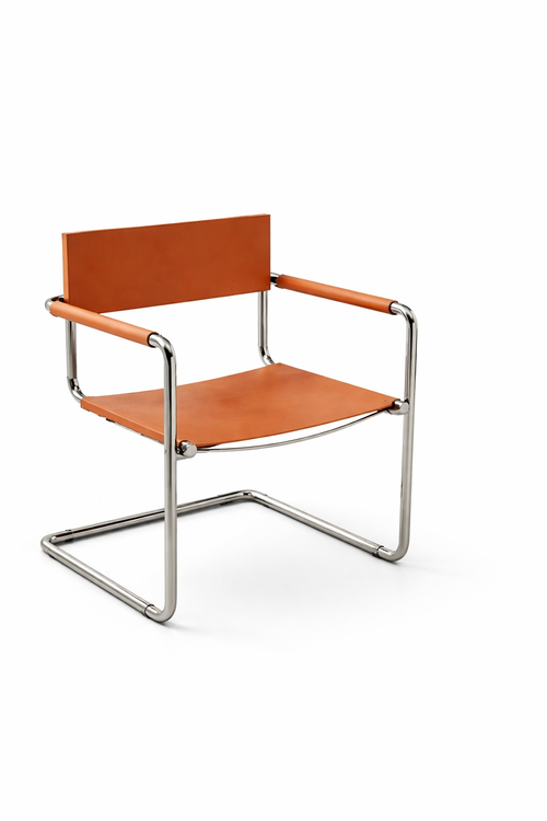 Chaise avec accoudoirs en acier inoxydable et cuir — style minimaliste, salle à manger et bureau