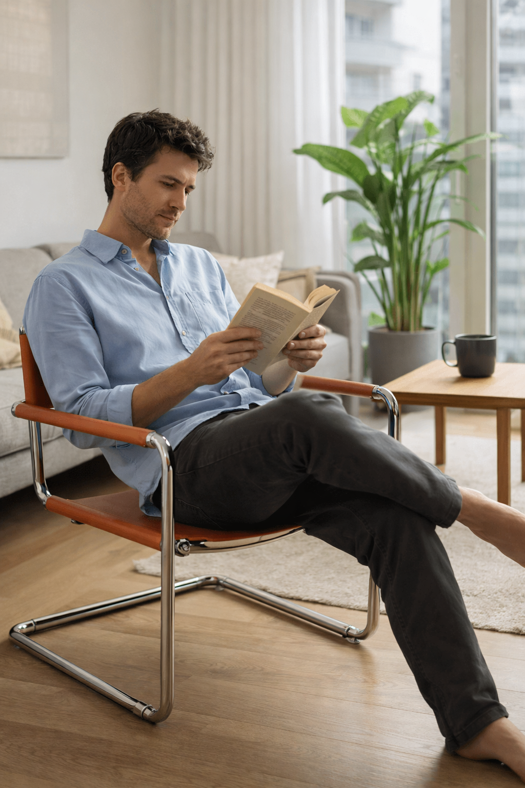Chaise avec accoudoirs en acier inoxydable et cuir — style minimaliste, salle à manger et bureau