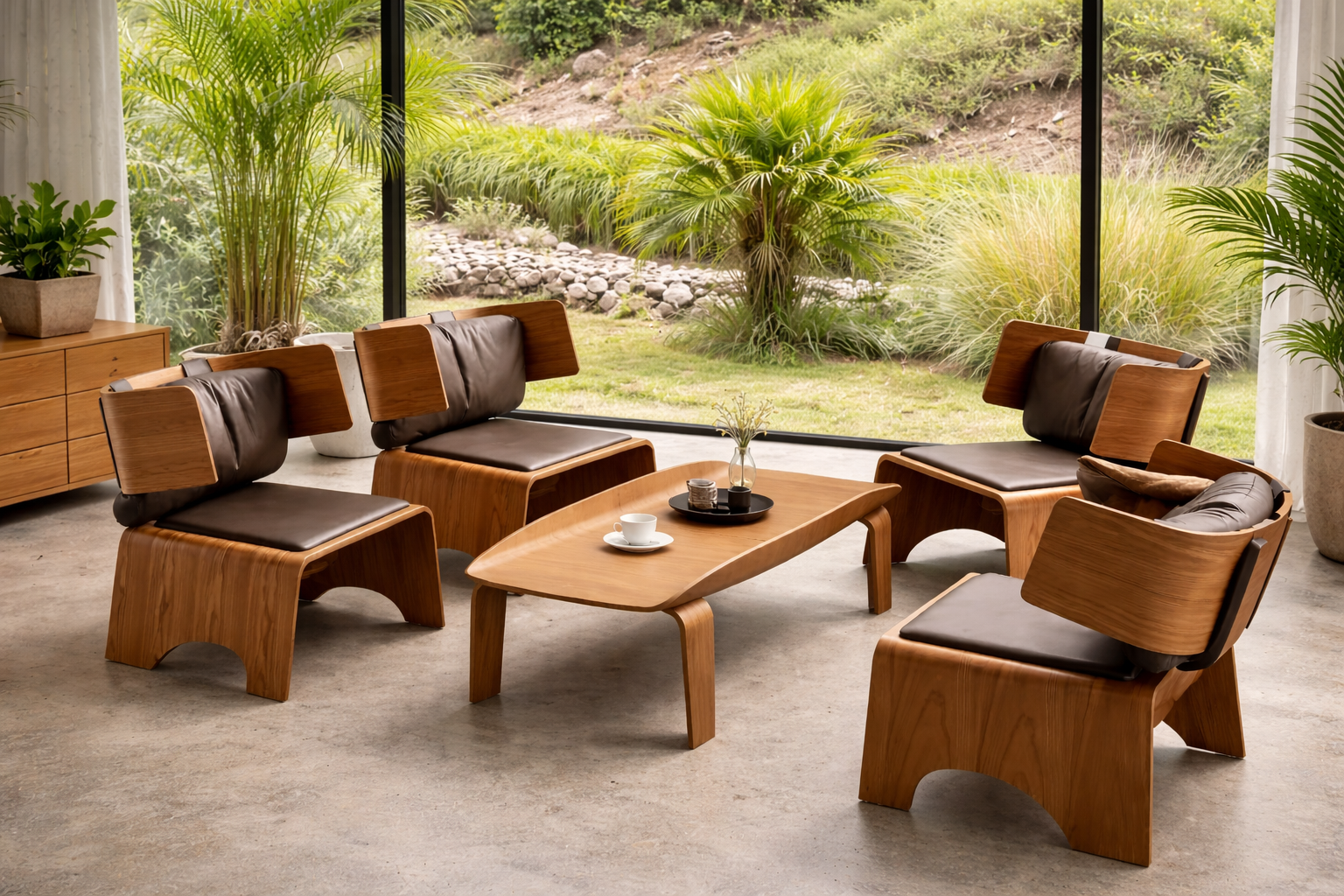 Fauteuil lounge en bois massif et cuir — style scandinave minimaliste