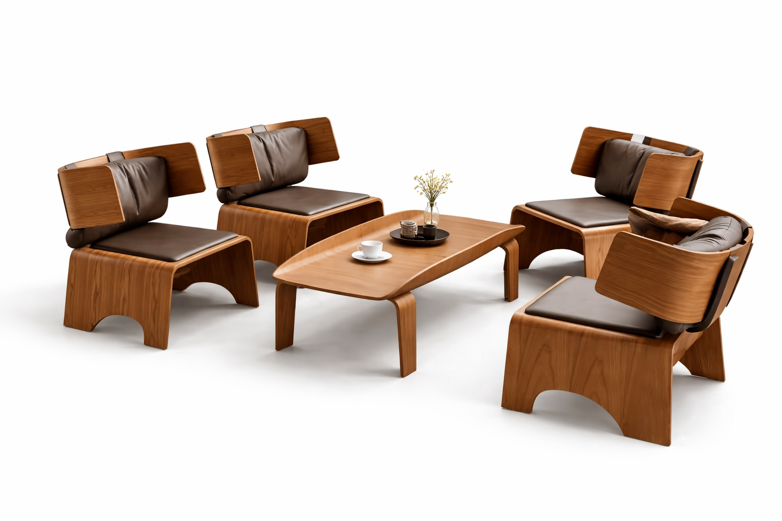 Fauteuil lounge en bois massif et cuir — style scandinave minimaliste